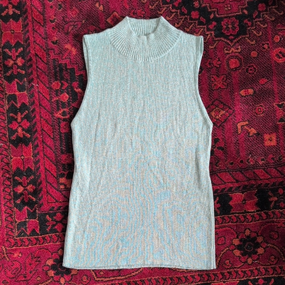 Vintage 1980s Henri Bendel Gold and Blue Turtleneck Tank Top Sweater